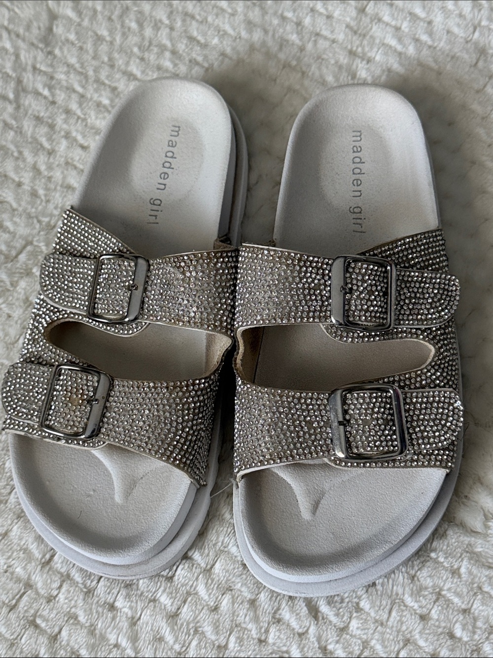 Madden Girl Silver Rhinestone Double-Buckle Slide Sandals